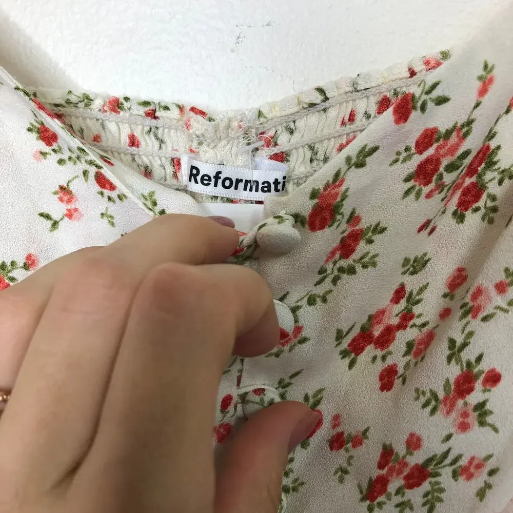 Reformation Cera Top White Red Floral Long Sleeve Button Front Sweetheart Neck 8